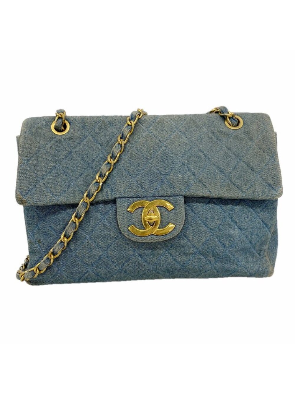 Chanel Shoulder Bag Maxi Quilted Denim Blue Gold